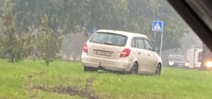 Поверил в себя: на Борщаговке обочечник увяз на газоне