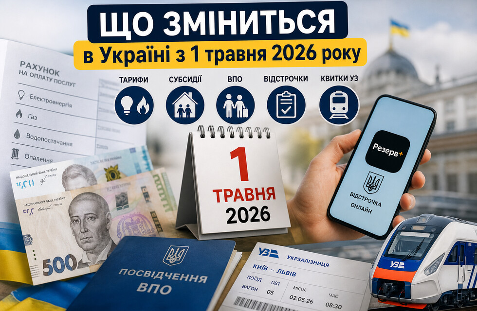 Что изменится в Украине с 1 мая 2026: тарифы, субсидии, ВПЛ, отсрочки и билеты УЗ. 