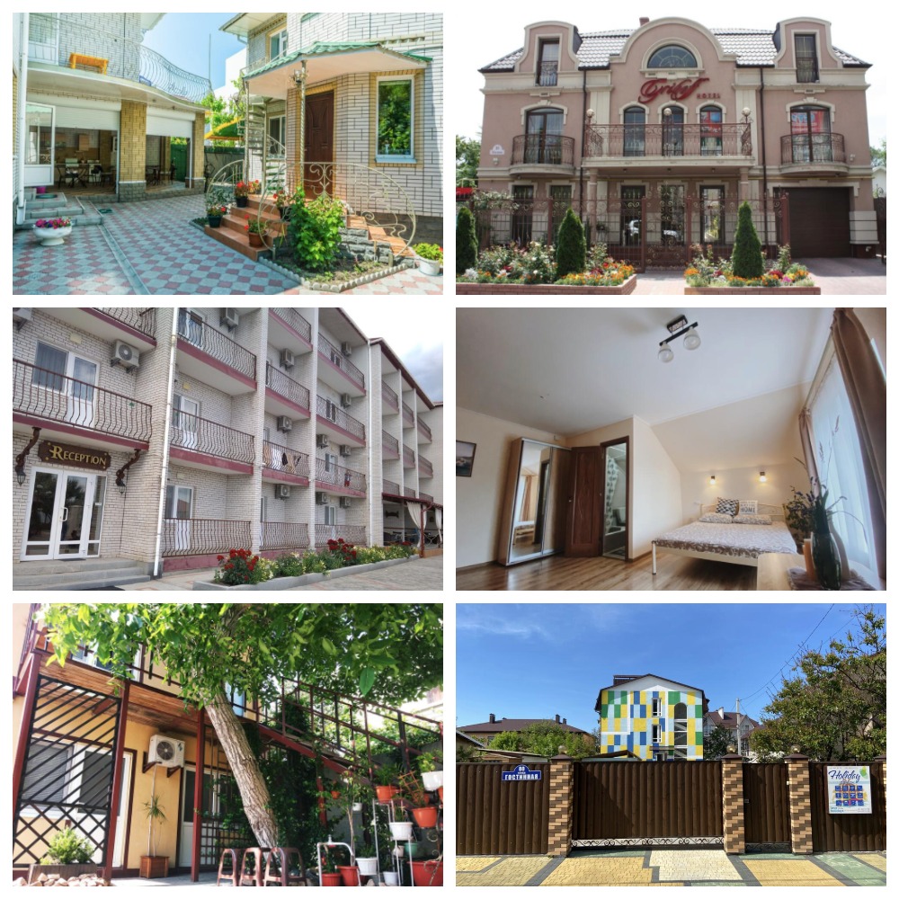 1 фото – "НаАзове", 2 – Griboff Hotel, 3 – Vera-lux, 4 – Azov Riviera, 5 – ELINA, 6 – Element