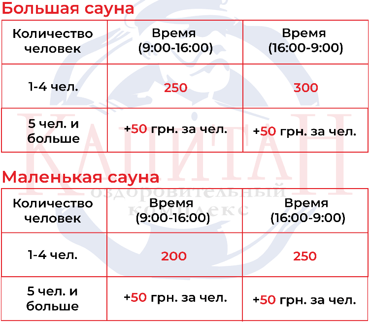 Цены в саунах "Капитан" / источник: сайт комлекса