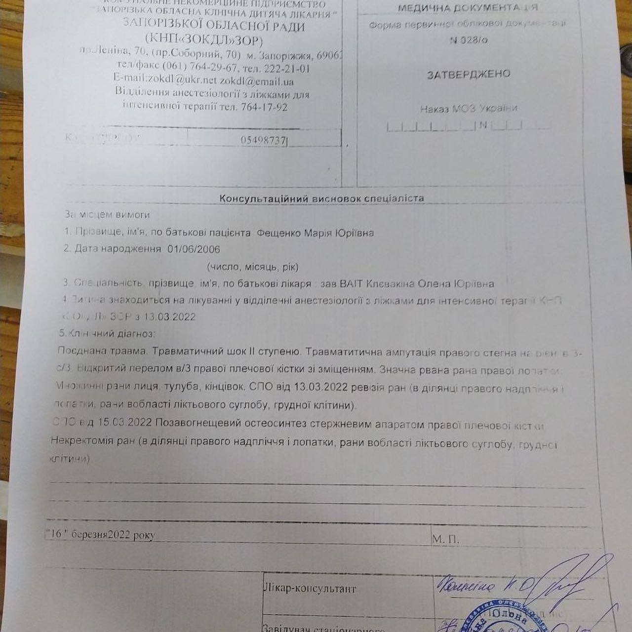 Травмы Марии -