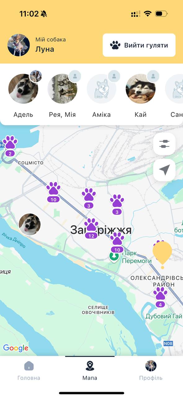 На мапі будуть песики з тих районів