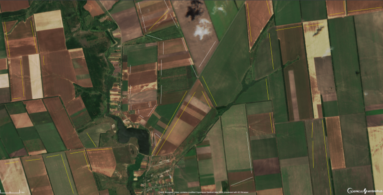Село Коза Бердянского района на фото спутника Sentinel-2, 07.07.2023. Фото со спутника Sentinel-2