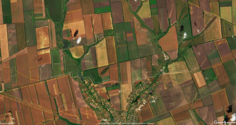 овничная часть Андреевки с самой длинной линией обороны среди других вокруг села, 07.07.2023. Фото со спутника Sentinel-2