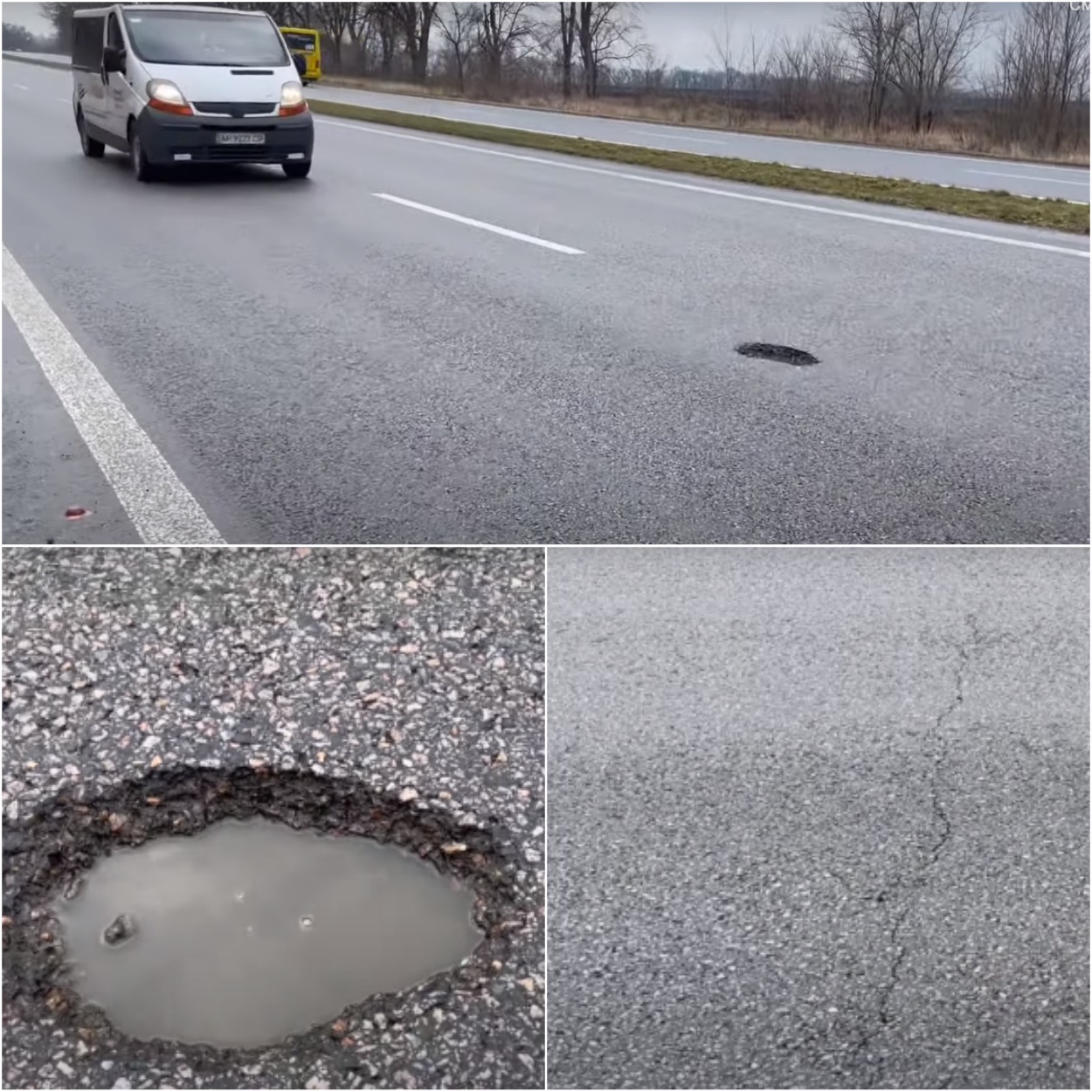 Яма и трещина на 446 километре/ фото: youtube Контроль на дорогах с МС Днепр