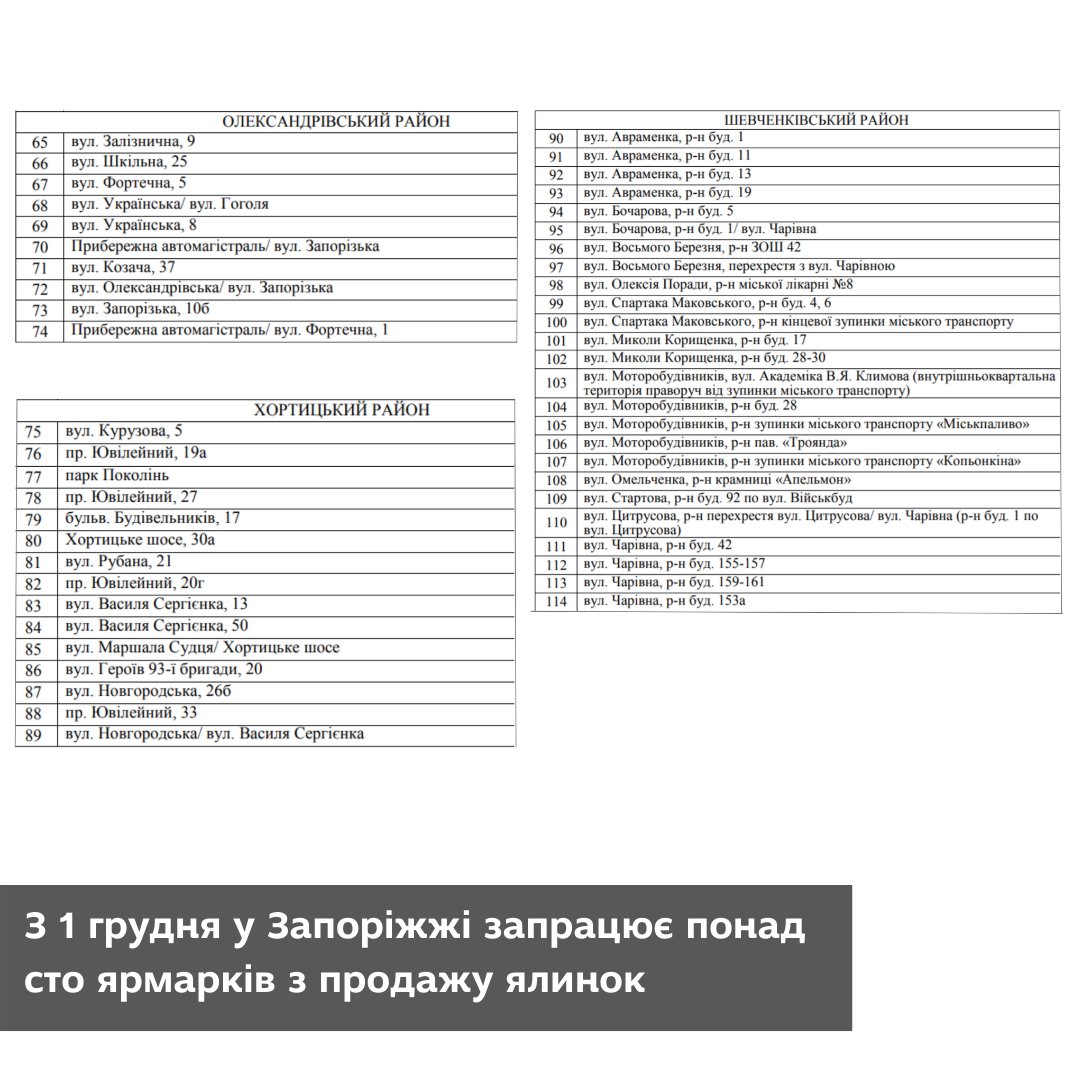 Адреса, по которым в Запорожье заработают елочные базары. || Фото: iz.com.ua
