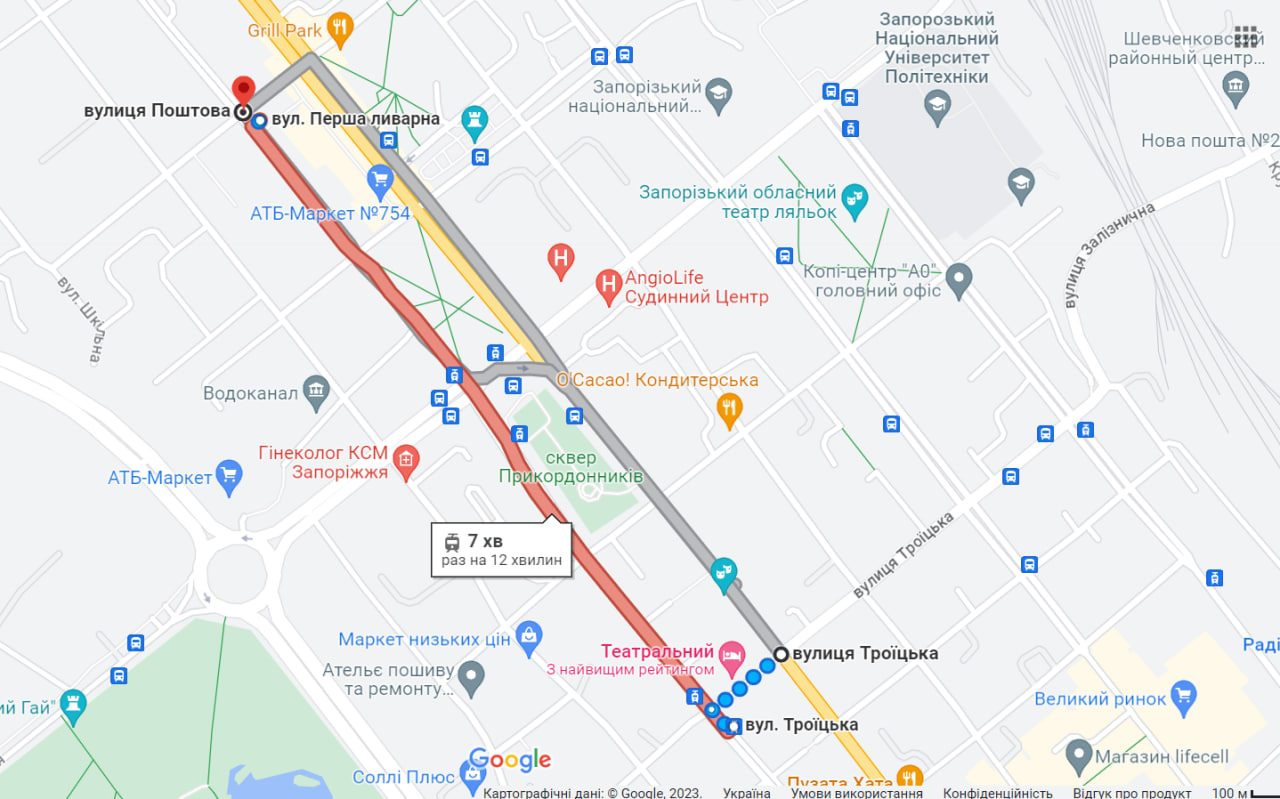 Карта перекрытия участка на проспекте Соборном в Запорожье. || Фото: google.com/maps