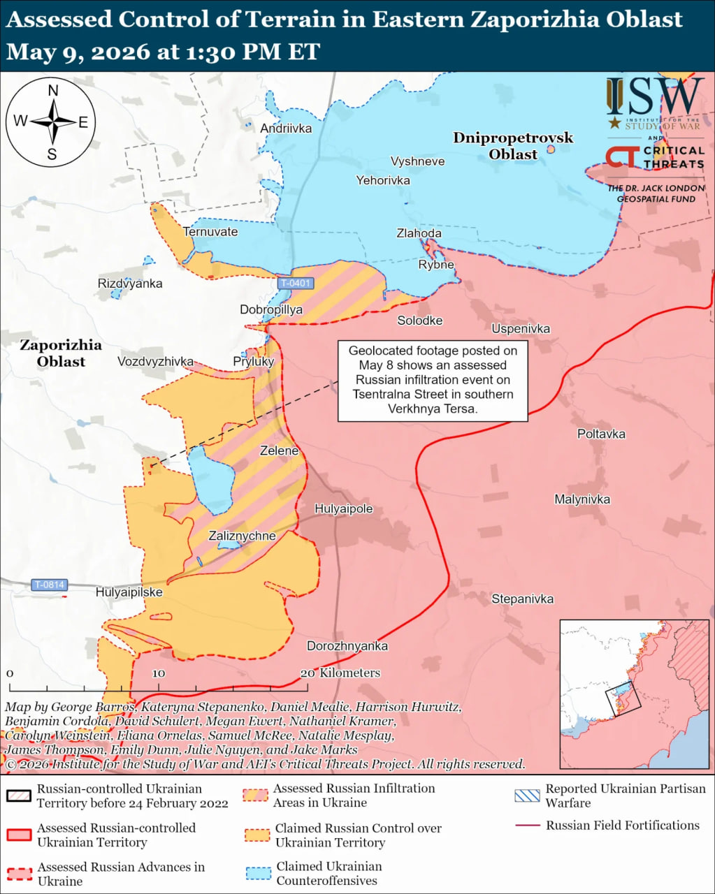 Карта боевых действий в Запорожском направлении, 9 мая 2026 года. Фото: ISW