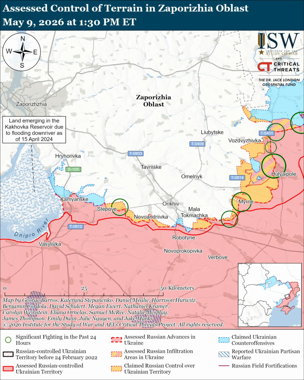 Карта боевых действий в Запорожском направлении, 9 мая 2026 года. Фото: ISW