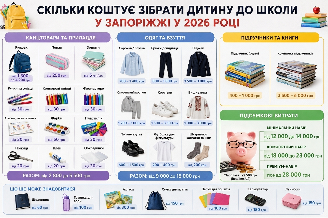 Сколько стоит собрать ребенка в школу в Запорожье в 2026 году: цены на канцтовары, одежду и рюкзаки. Фото: zp.vgorode.ua/ШИ