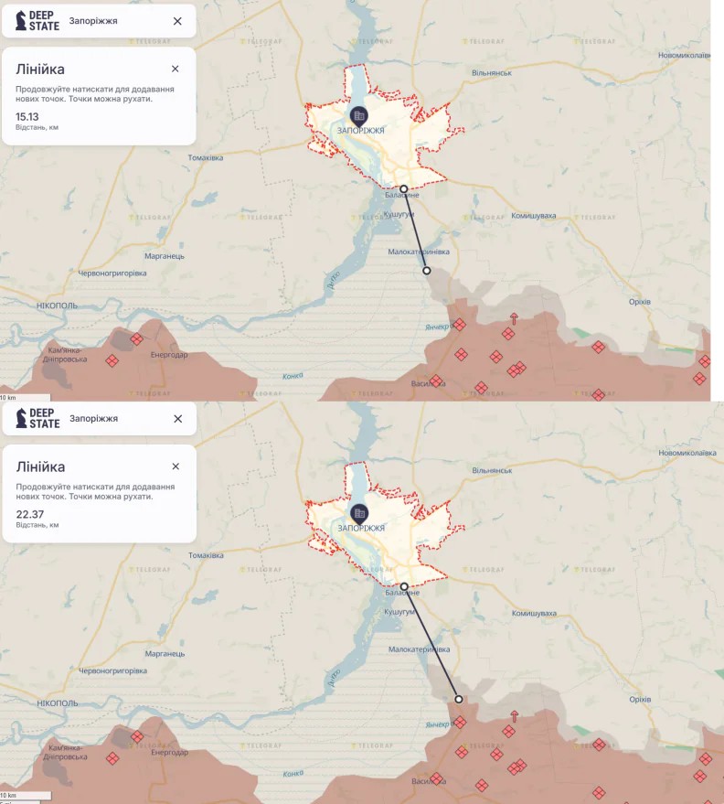 Расстояние до линии фронта от Запорожья. Фото: снимок экрана, deepstatemap